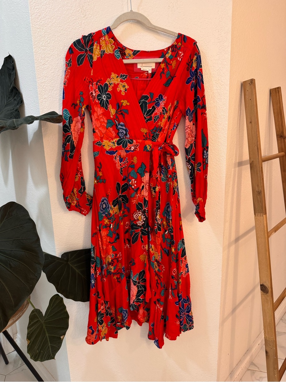 NWT Anthropologie Red Floral Wrap Midi Dress W/Tie Waist Long Sleeve Bohemian - Picture 2 of 13